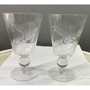 2 Libby Ball Stem Pilsner Drinking Glasses Vtg Etched Glass Wheat Pattern 6"Tall